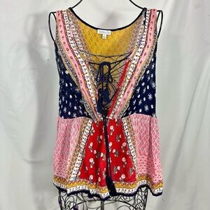 Patrons of Peace paisley floral print v neck front tie tank size S